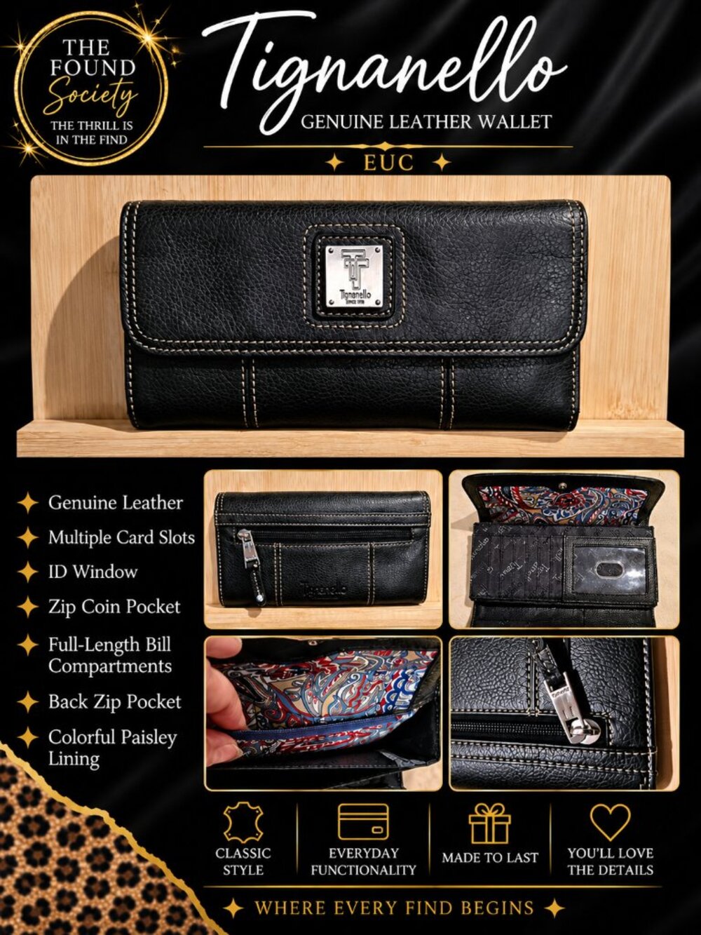 Tignanello Black Genuine Leather Wallet Paisley Lining EUC